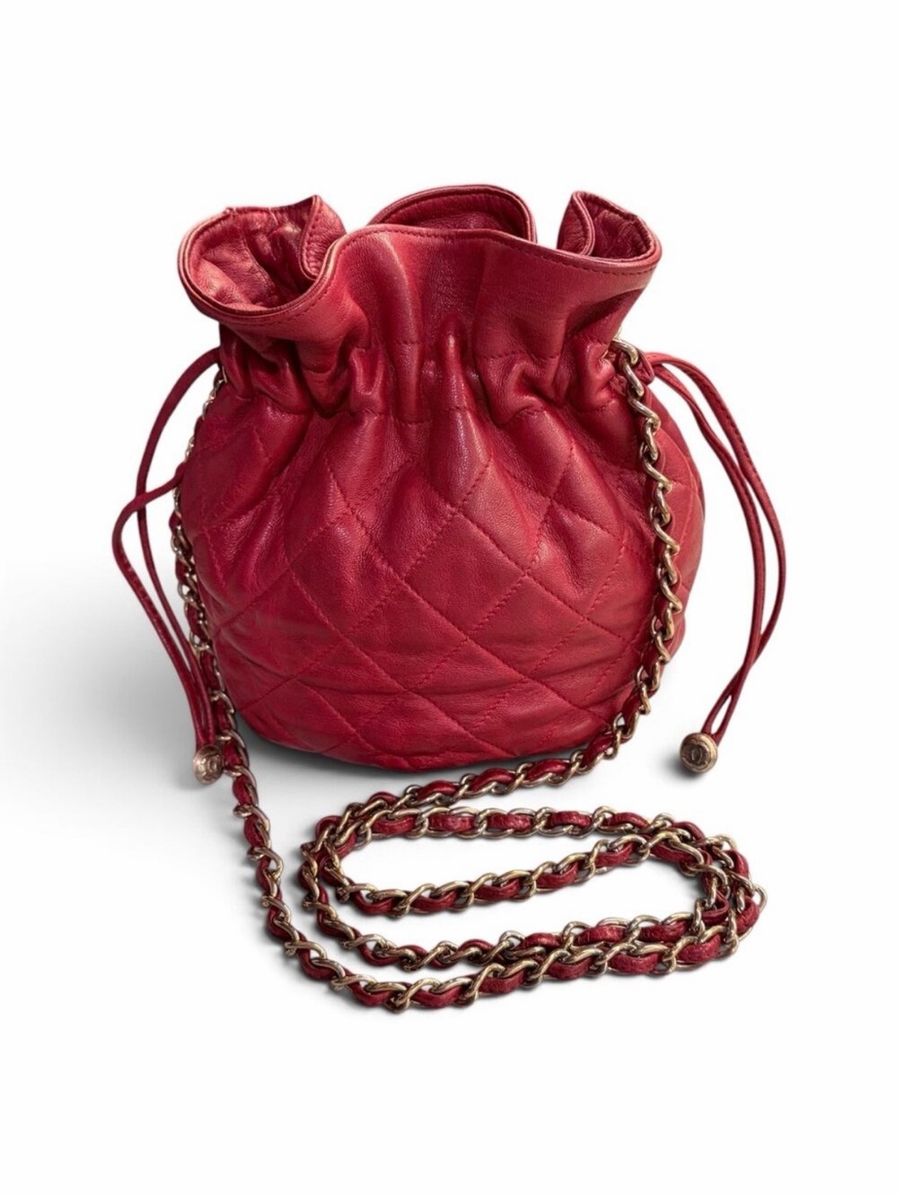 Chanel Vintage Red Lambskin Mini Drawstring Bucket Bag 24K Gold Series 0